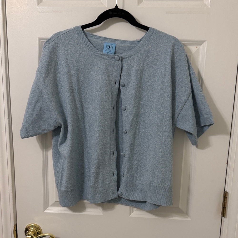 CeCe Soft Blue Buttoned Short Sleeve Cardigan XL
